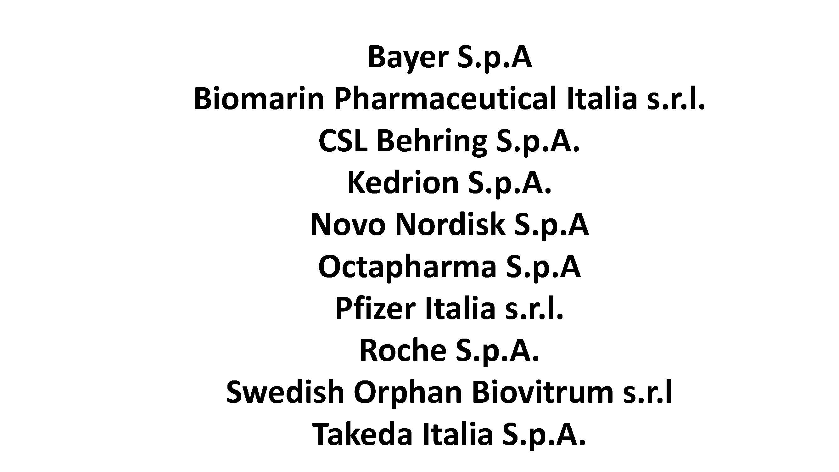 Logo Multisponsor: Bayer - Biomarin -CSL Behring - Kedrion - Novo Nordisk - Octapharma - Pfizer-Roche - Sobi - Takeda